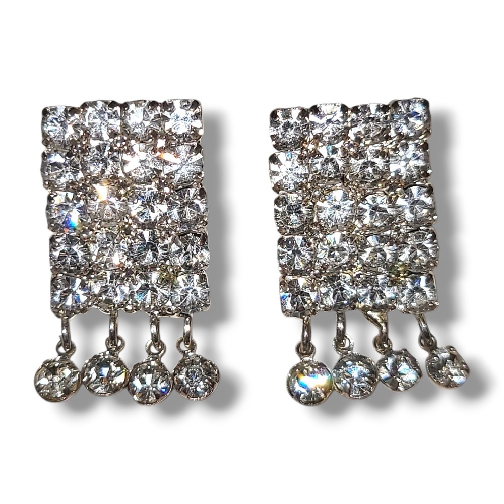 Vintage‎ Rhinestone Dangle Post Earrings Silver Tone Waterfall Fringe